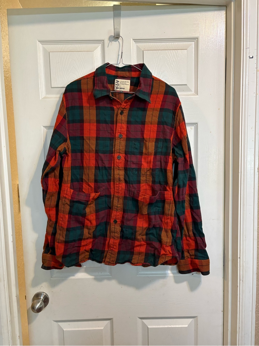 Aspesi Plaid Button-Up Shirt in Teal, Orange & Maroon
